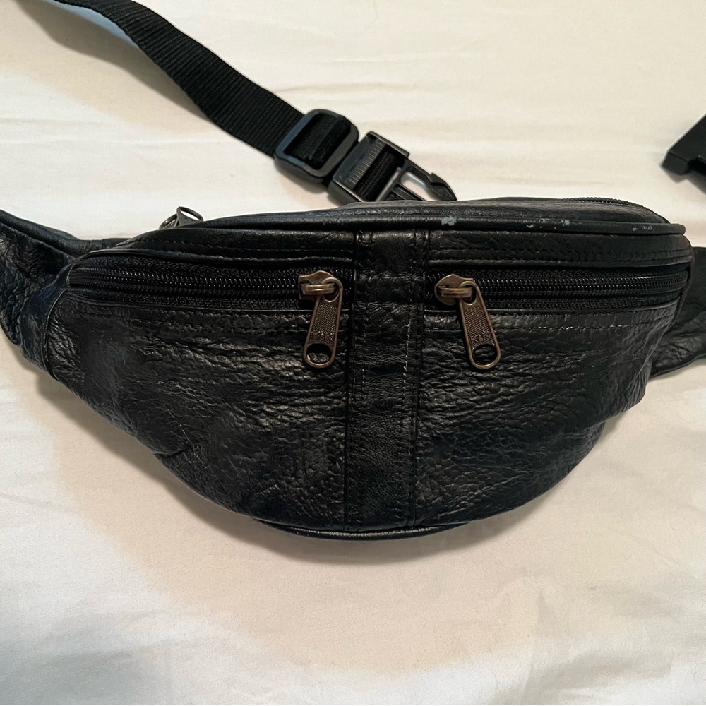 Black Leather unisex Waist Belt  Bag 4 zippered compartments, nylon strap